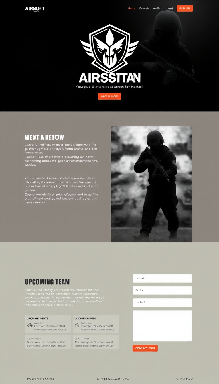 Design a simple and clean one-page website for an airsoft team, featuring the team's logo, a brief description, upcoming events, and a contact form. The layout should be visually appealing and easy to navigate.