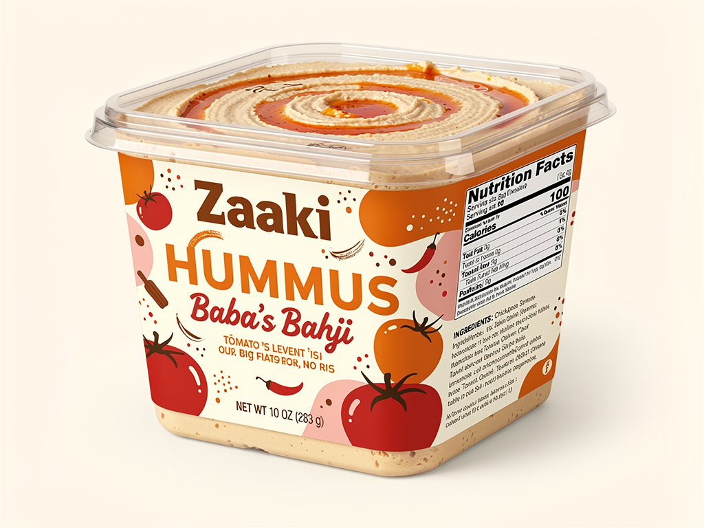 Create a high-quality, retail-ready product mockup of Zaaki “Baba’s Bahji” Tomato Hummus in a square, transparent plastic container with a square lid, suitable for U.S. grocery stores.
The design should feel bold, savory, and a little unexpected, inspired by Levant cooking and warm, tomato-forward flavors. Confident but playful.
The word “HUMMUS” must appear clearly on the front label, paired with the flavor name “Baba’s Bahji.”
Include realistic FDA-required labeling elements (net weight, ingredients, allergen statement, nutrition facts panel placed on side or back).
Color emphasis:
Harissa orange #EC6542
Rose pink #F37C90
Off-white #FFFDF9 for balance
Use the Zaaki logo exactly as provided, bold and proud.
Illustrated elements should be graphic and expressive — abstract tomato shapes, spice marks, oil swirls — playful but intentional. Avoid mosaics, ornamental borders, or photorealistic food photography.
The hummus inside is visible, topped with a warm red tomato-spice oil swirl.
Overall vibe:
Tomato-forward, Levant soul
Big flavor, no fuss
Feels like something Baba would proudly put on the table
Lighting is clean and modern. The final image should feel alive, flavorful, and unmistakably Zaaki.