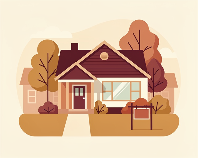 Warm flat vector illustration: Illustration of a cozy Ann Arbor home with a for sale sign in the yard. Simple friendly shapes, cohesive warm palette of maroon and cream tones, no text or labels.