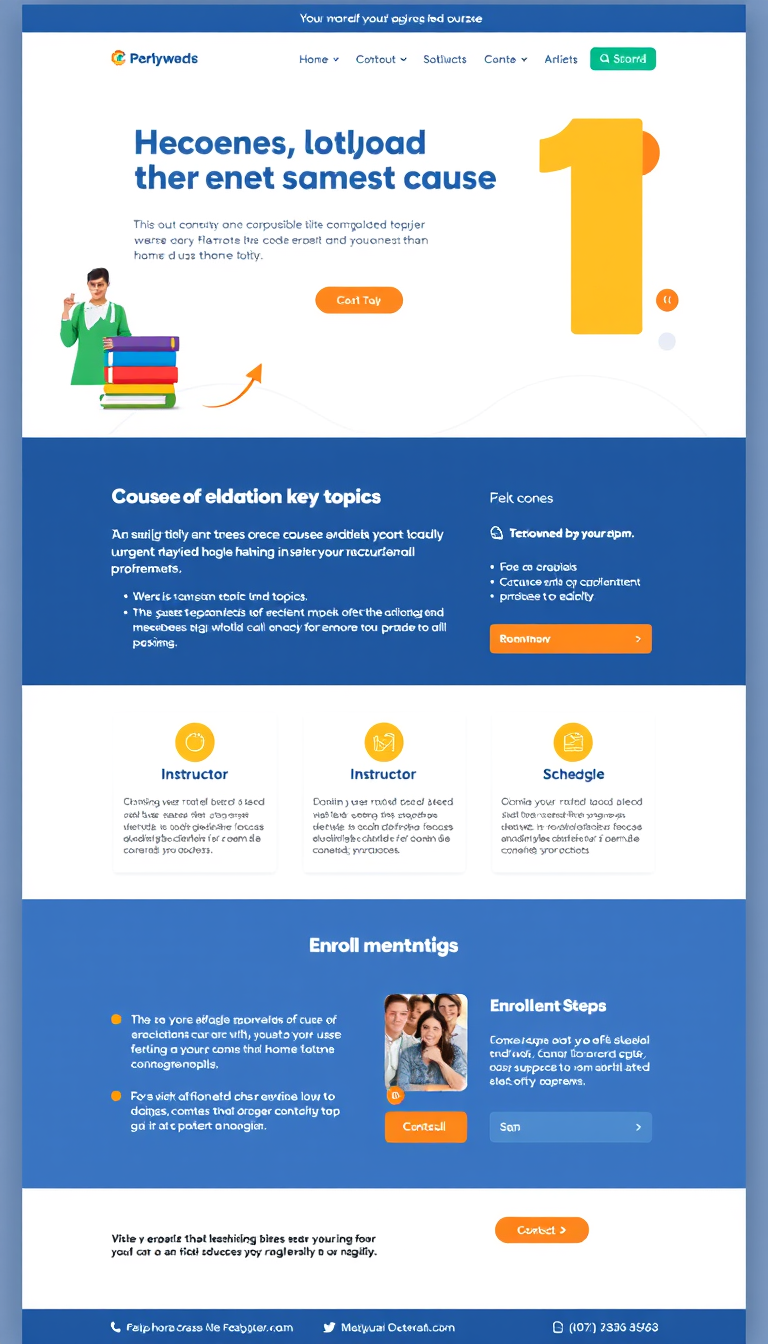 Design a visually appealing single-page website for a home-based educational course. Include sections for a catchy course title, a brief description of key topics, instructor qualifications, schedule and duration, enrollment steps, and contact information. Ensure the layout is easy to navigate and mobile-friendly.