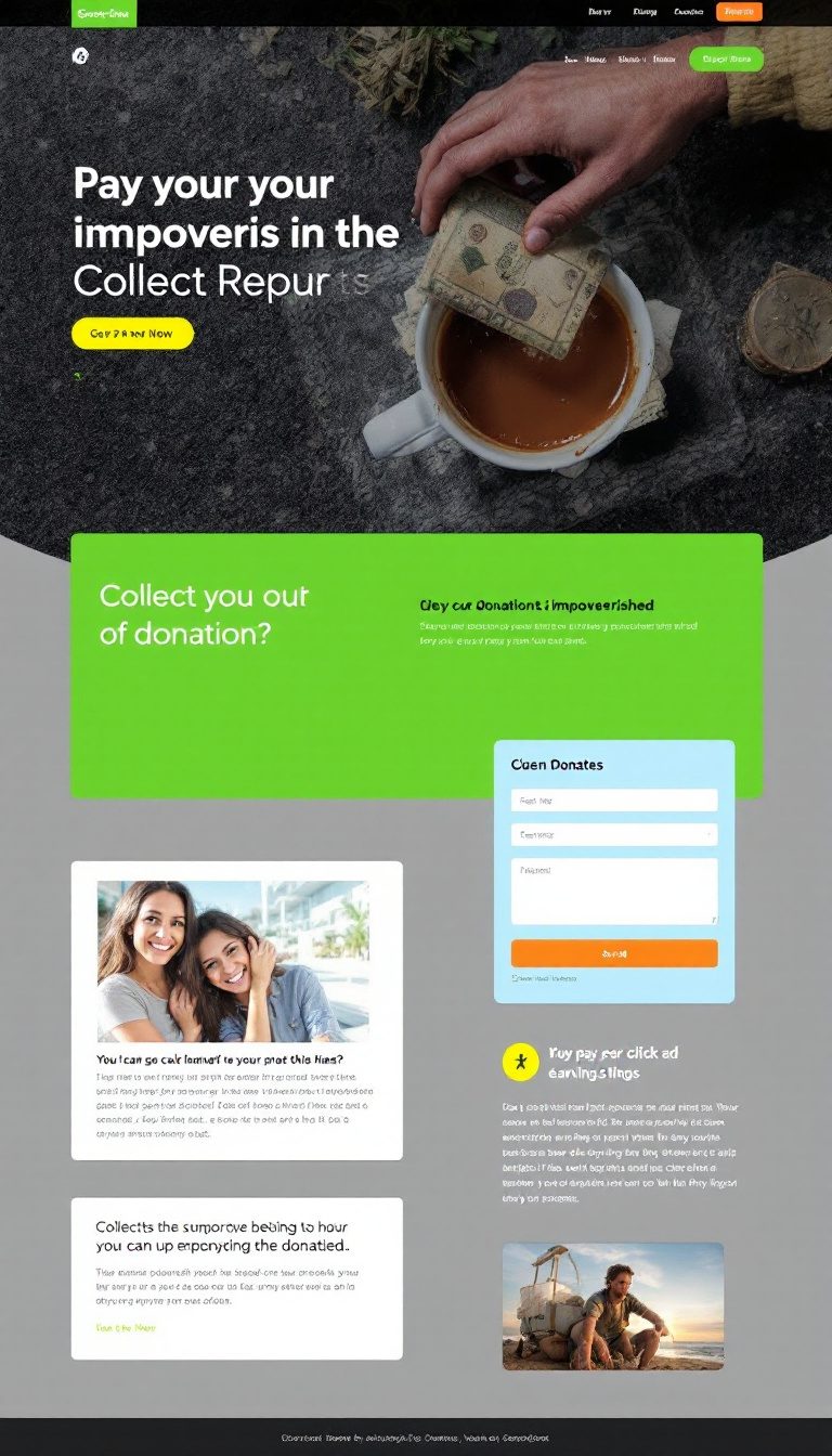 Create a simple one-page website designed for collecting donations to support the impoverished, while also incorporating a pay-per-click ad system for additional earnings.