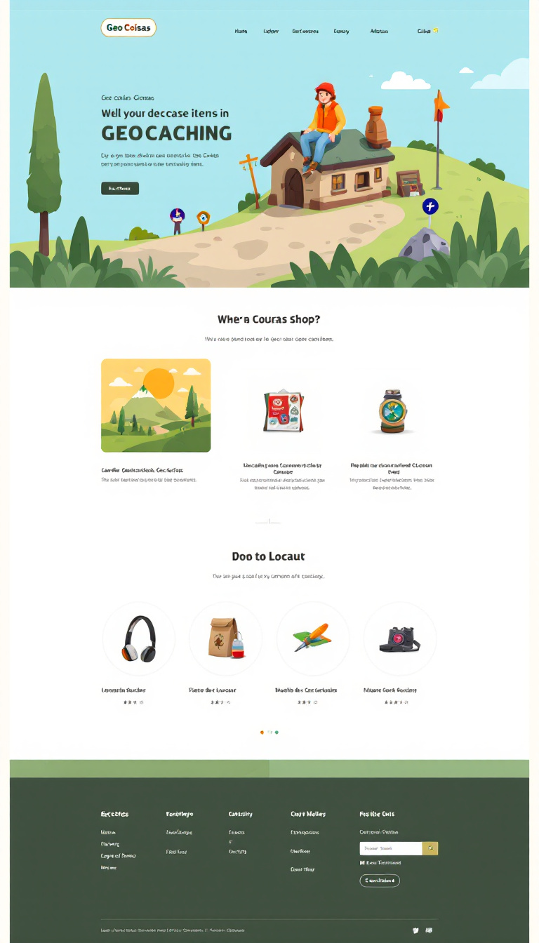 Design a one-page online shop called "Geo Coisas" that specializes in geocaching items. The site should feature a clean layout, integrated e-commerce functionality, and a payment gateway for seamless transactions.