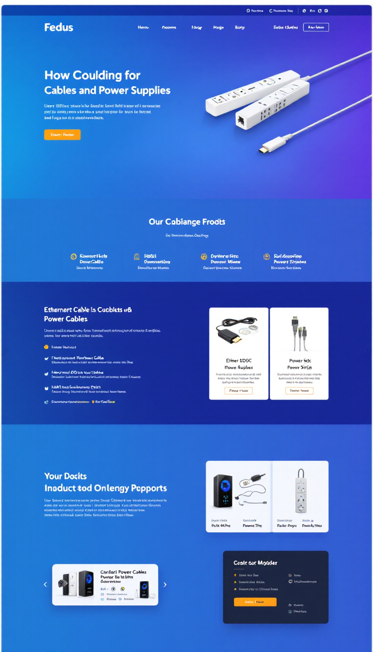 Design a one-page website for Fedus, India's leading D2C brand for cables and power supplies. Showcase their range of products, including Ethernet cables, HDMI cables, power strips, and more in a clean and modern layout.