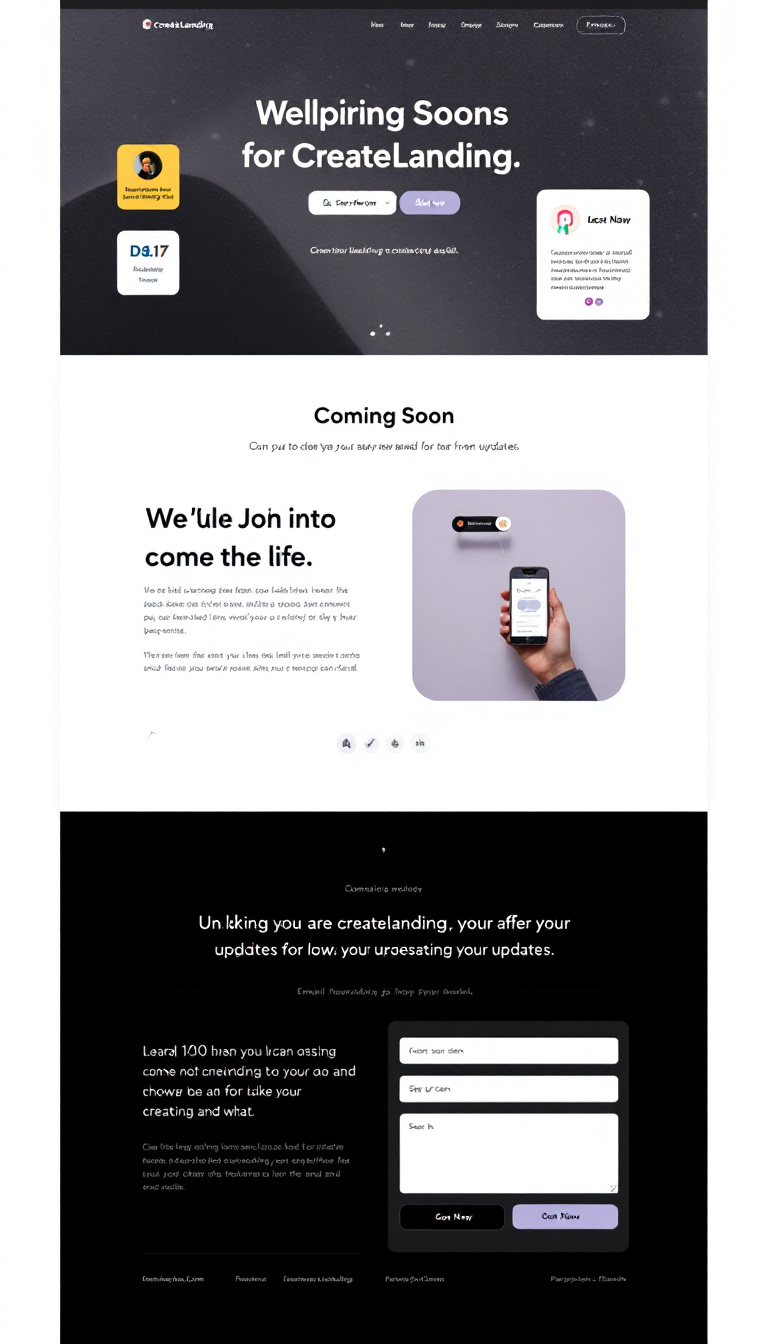 Design a clean and simple "Coming Soon" page for the website createlanding.page, featuring minimalistic elements, a captivating headline, and an email newsletter signup form for updates.