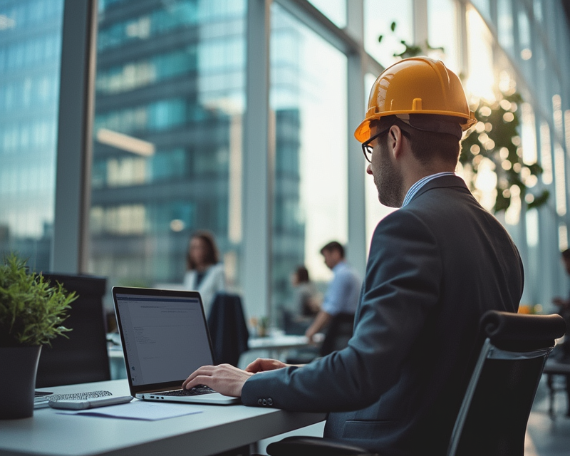 Professional working in Germany with modern office buildings in background