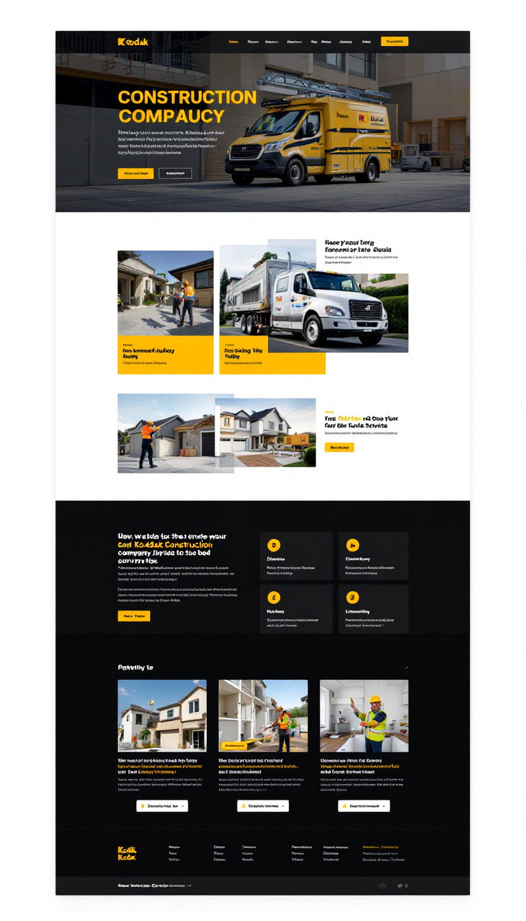 Design a one-page website for Kodak Construction Company (KodakConstructs.com), highlighting their construction expertise in roofing, building, tiling, and plumbing services. Include a project gallery and visually appealing construction images to engage visitors interested in renovation tips.