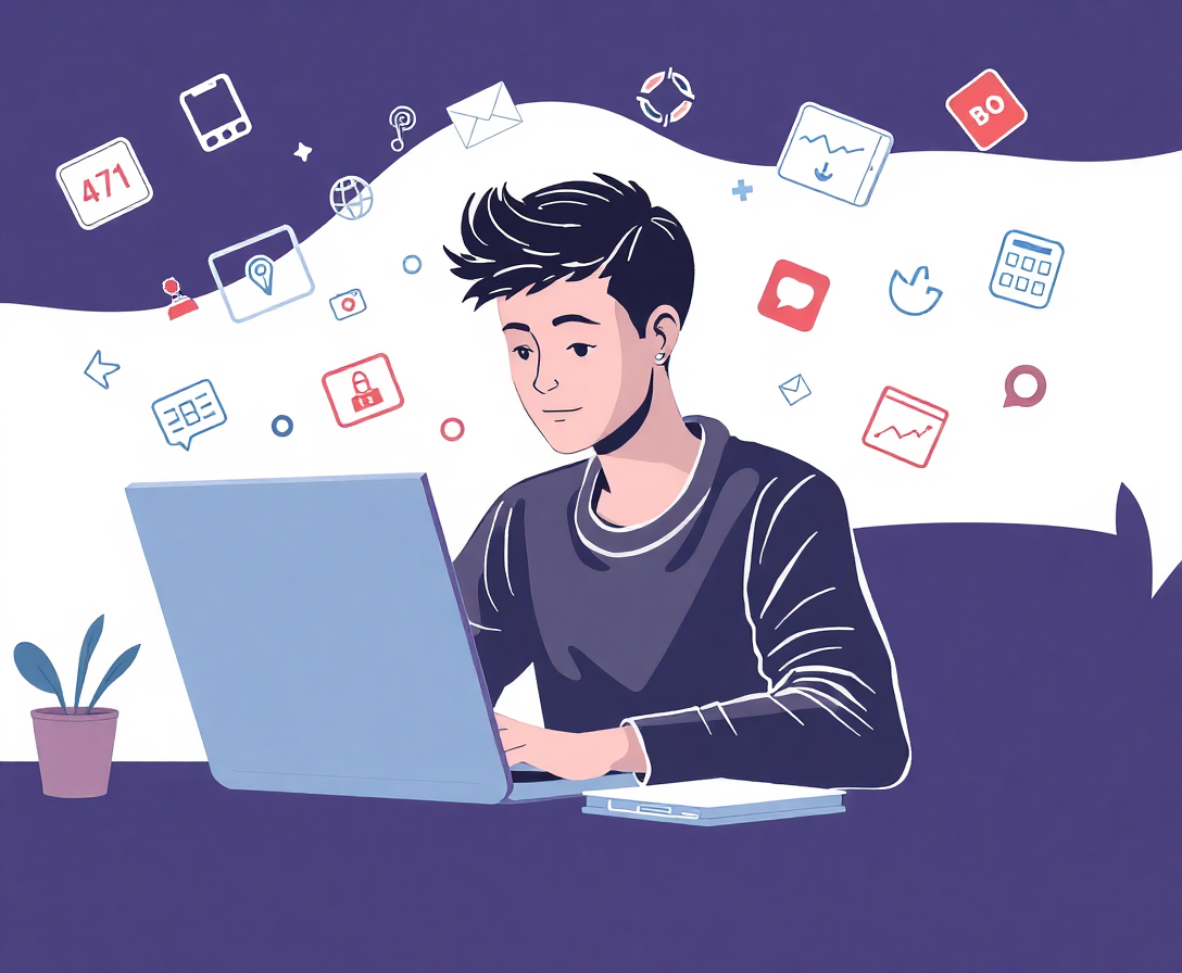 illustration of a young student working on a laptop with various tech icons floating around