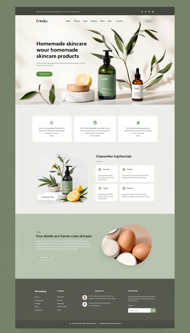 Create a simple, clean one-page website design for homemade skincare products, featuring a soothing color palette, product images, and intuitive navigation. Include sections for product descriptions, ingredients, and customer testimonials.