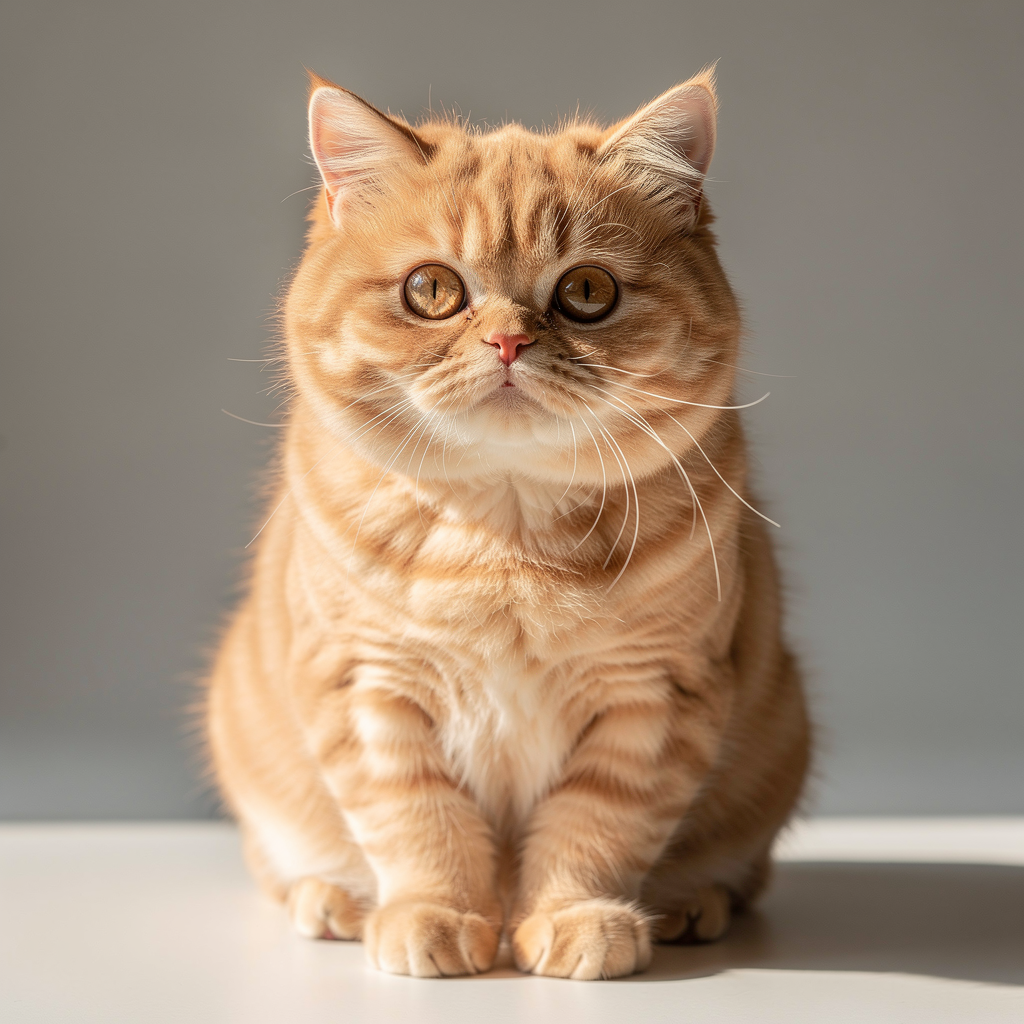 A cute fluffy cat sitting upright, looking at the camera with bright curious eyes, soft natural lighting, detailed fur texture, photorealistic style, clean neutral background