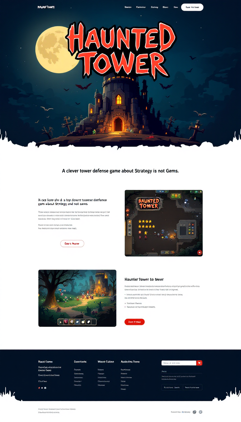 Design a simple one-page website for the game "Haunted Tower," a 2D top-down tower defense game available on iPhone, Android, Steam, and the web. Include the tagline: "A clever tower defense game about Strategy and not Gems."