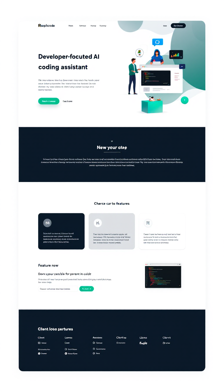 Design a simple, clean one-page website for Replicode (a developer-focused AI coding assistant) with a minimal hero containing logo, concise headline, subheadline, primary CTA and secondary link, plus a three-feature row with icons, a code/terminal mockup screenshot, client logos, and a compact footer. Use a white background, navy and teal accents, generous whitespace, rounded cards, subtle geometric shapes, and modern sans-serif typography for a polished, tech-focused look.