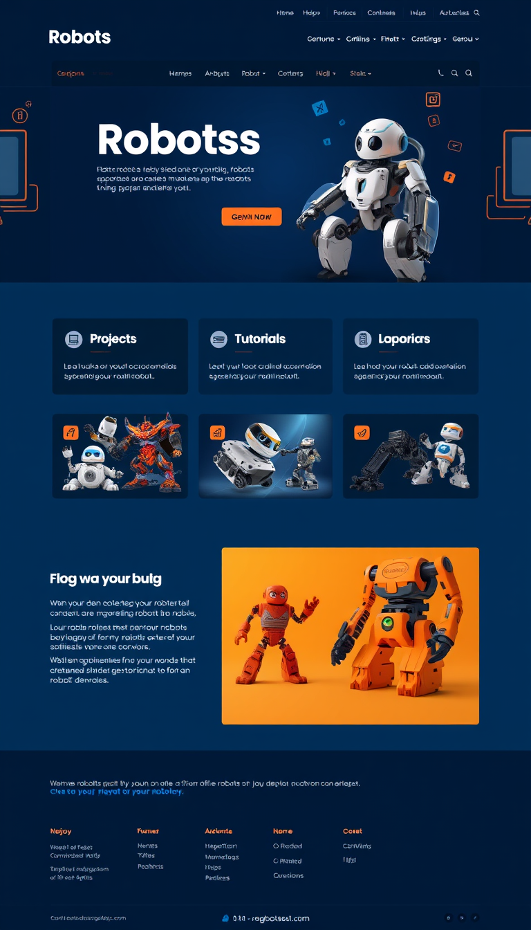 Design a website showcasing your robotics hobby, featuring sections for projects, tutorials, and a blog for sharing insights and experiences. Include vibrant images of your robots and a user-friendly layout for visitors to explore.