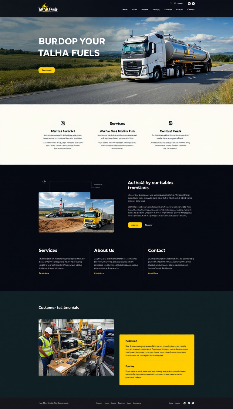 Design a one-page website for Talha Fuels that includes sections for services, about us, contact information, and customer testimonials. The site should feature a professional, modern theme with interactive button effects, ensuring a unique representation of Talha Fuels while echoing the structure of the Marlin Fuels website.