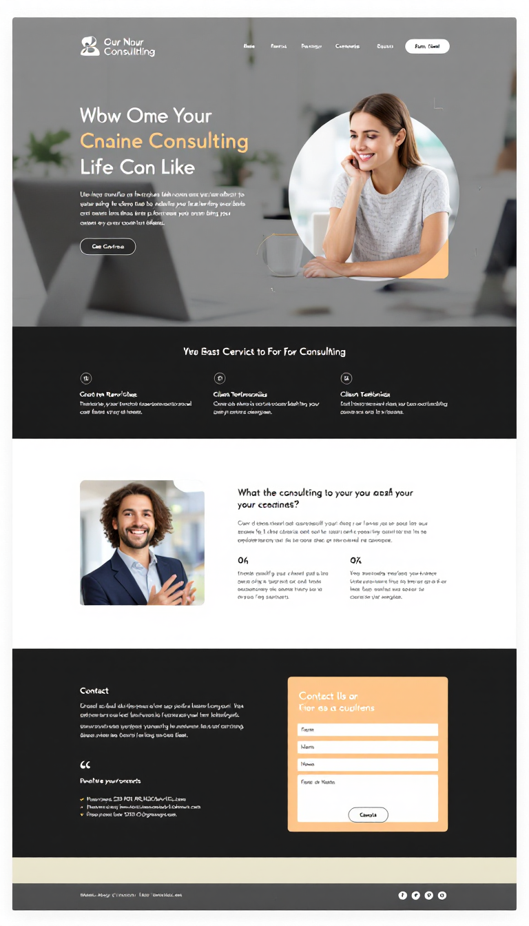 Design a simple and clean one-page website for a consulting business, showcasing services, client testimonials, and contact information. Use a professional color scheme and modern layout.