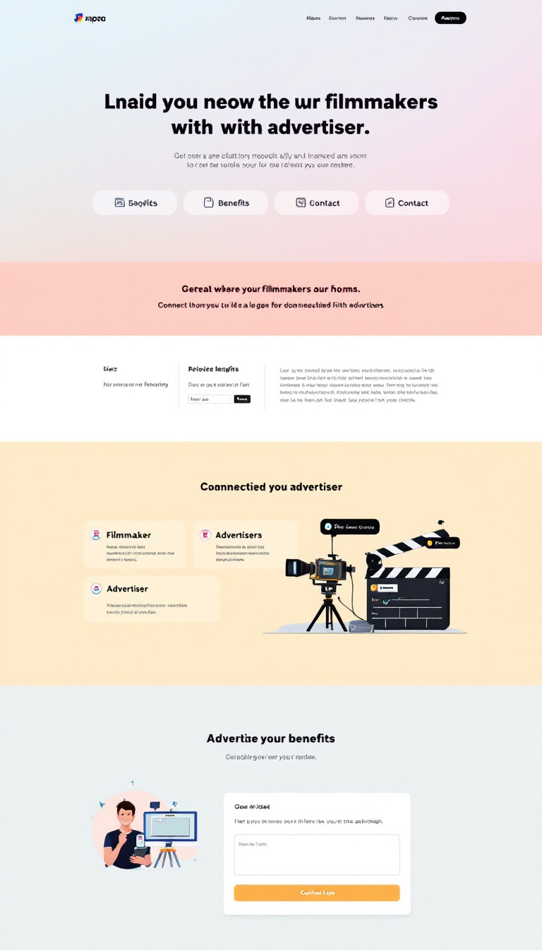 Create a clean one-page website wireframe for a platform that connects filmmakers with advertisers. The design should include a navigation bar, a hero section with a tagline and call-to-action, sections for filmmaker and advertiser benefits, and a contact form.