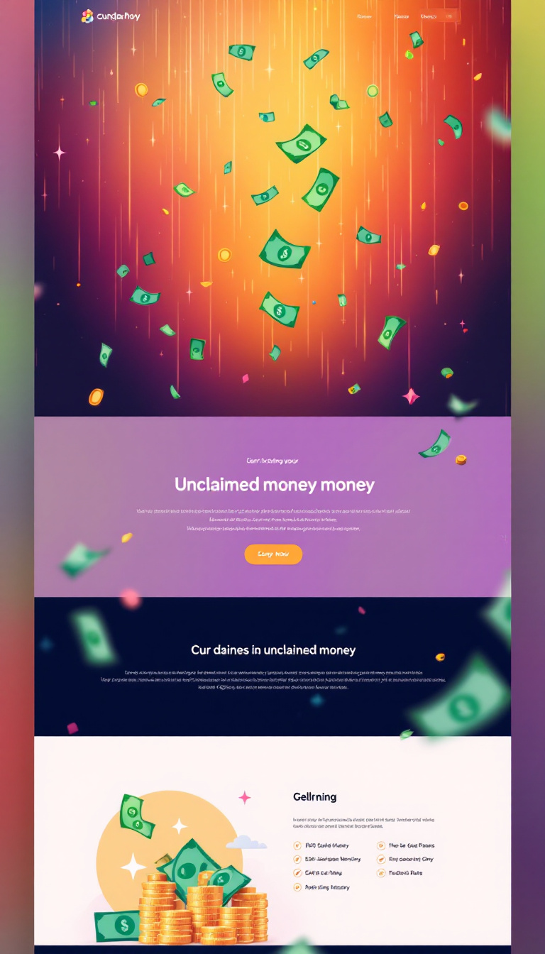 Create a visually appealing one-page website design featuring unclaimed money falling like rain, using vibrant colors inspired by cash. The overall theme should convey a professional and wealthy vibe, with elements that evoke happiness.