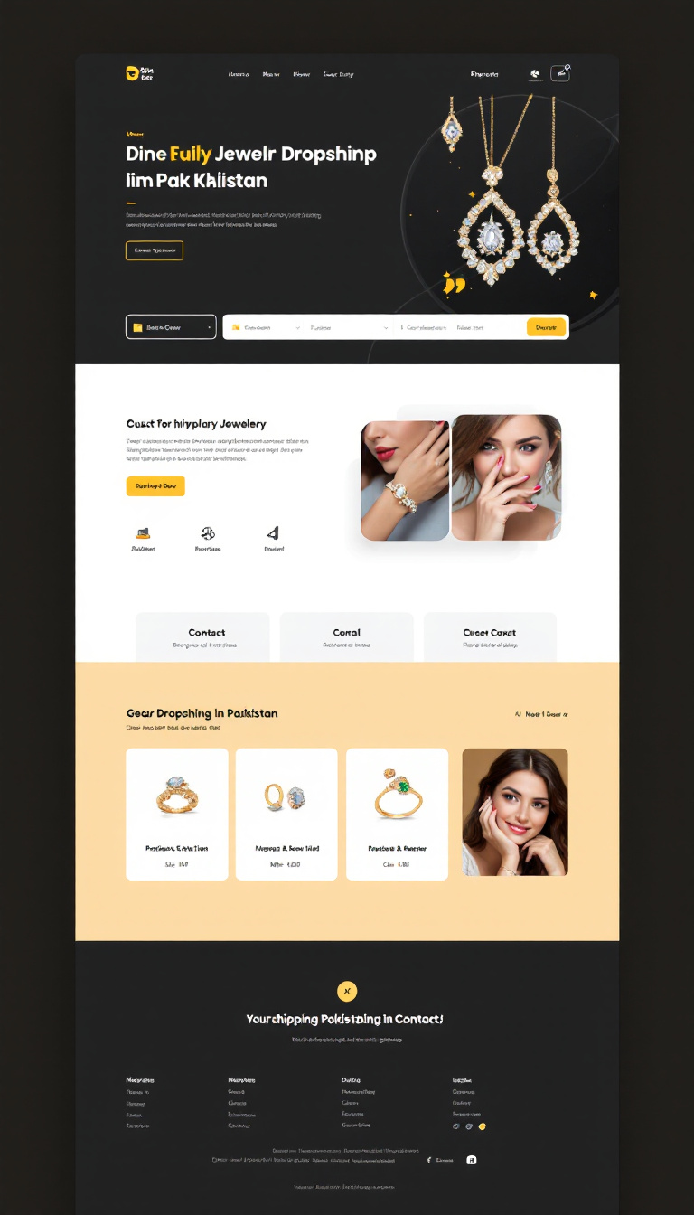 Design a simple and clean one-page website for an online jewelry store focused on dropshipping in Pakistan. Include sections for product listings, a shopping cart, and contact information.
