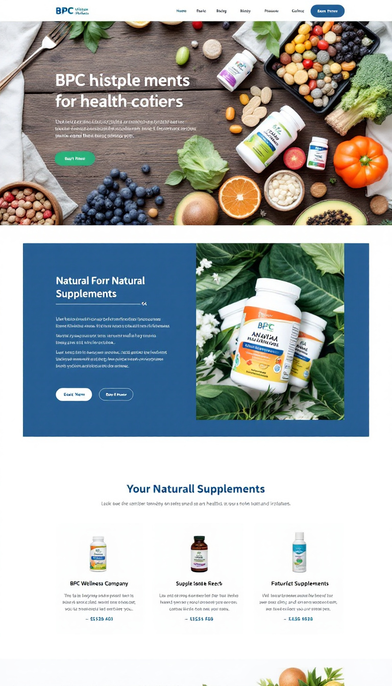 Design a modern, one-page website for BPC Wellness Company, highlighting their natural supplements for health-conscious consumers. Include detailed product listings and concise, clear information to showcase their offerings in a clean and appealing layout.
