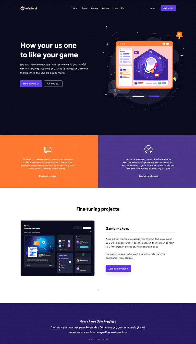 Create a fun, interactive one-page website that showcases an AI-based website and game maker. Highlight features for fine-tuning projects and an engaging user experience, similar to websim.ai.