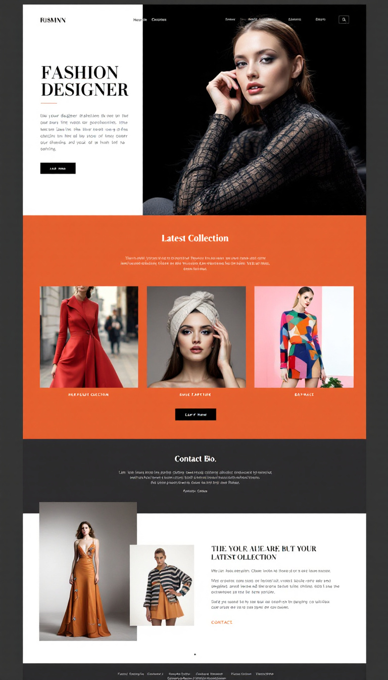 Create a sleek, one-page website for a fashion designer showcasing their latest collection, including a gallery of designs, a brief bio, and contact information. The site should have a modern aesthetic with elegant typography and a stylish color palette.