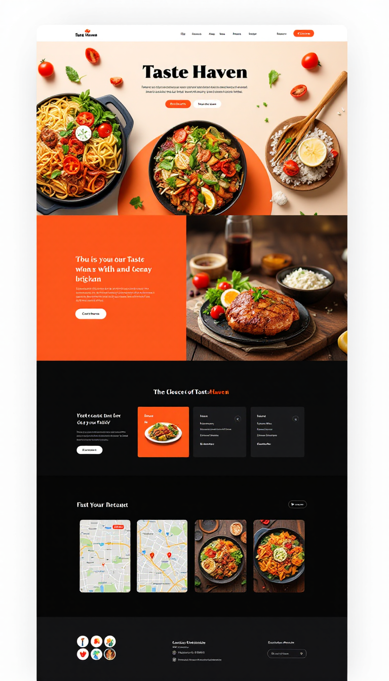 Design a modern one-page website for the restaurant 'Taste Haven', using vibrant colors and 3D images to highlight the menu and ambiance. Include contact information and an embedded map for easy navigation to the restaurant.
