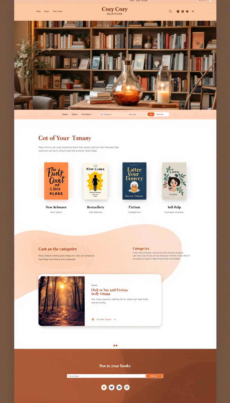 Design a cozy and inviting online bookstore layout featuring a minimalist, user-friendly interface. Include a warm color scheme, sections for new releases, bestsellers, and categories like fiction and self-help, along with clear book listings, a search bar, and navigation options for easy browsing.