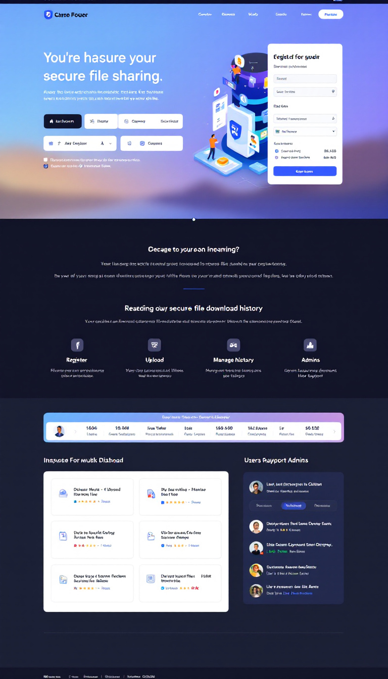 Create a simple and clean one-page website for a secure file sharing application, allowing users to register, upload, manage files, and view their download history. The design should emphasize user-friendly navigation and feature a dashboard for both users and admins, integrating file management options, payment gateways, and live support.