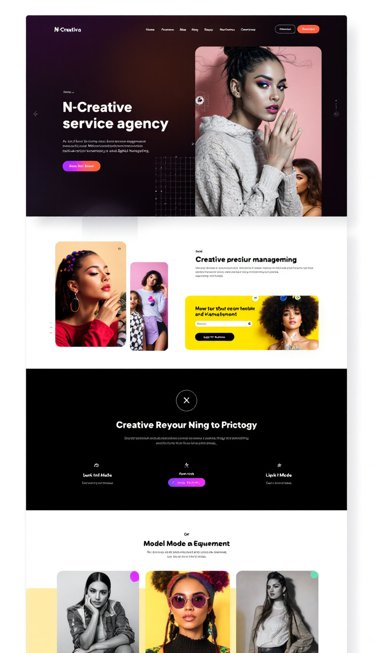 Design a one-page website for 'N-Creativa', a creative service agency specializing in social media management, digital marketing, and model management. The site should feature visually striking elements, include an engaging dark and light mode toggle, and display creative images that reflect the agency's offerings.