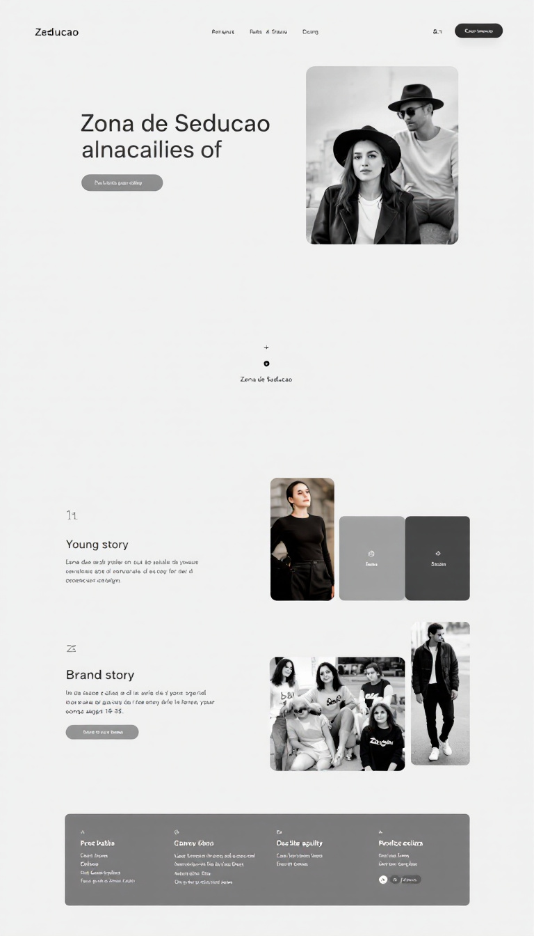 Design a modern, minimalist one-page website for 'Zona de Seducao,' a lifestyle brand for young adults aged 18-35. Include a section highlighting the brand story.