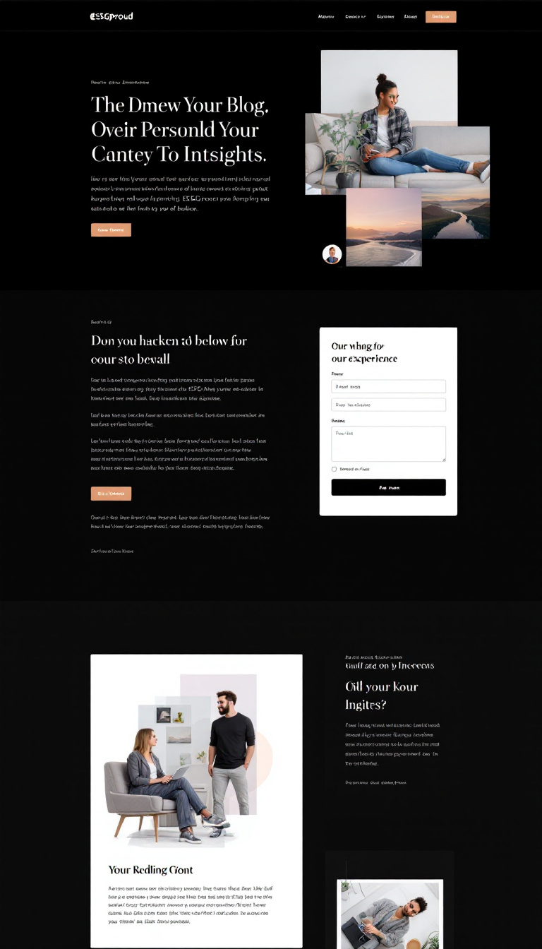 Design a modern, minimalist one-page blog for ESGproud that highlights personal insights and experiences. The layout should feature high-quality images and sophisticated typography, with an email subscription option included and smooth animations for an enhanced user experience.