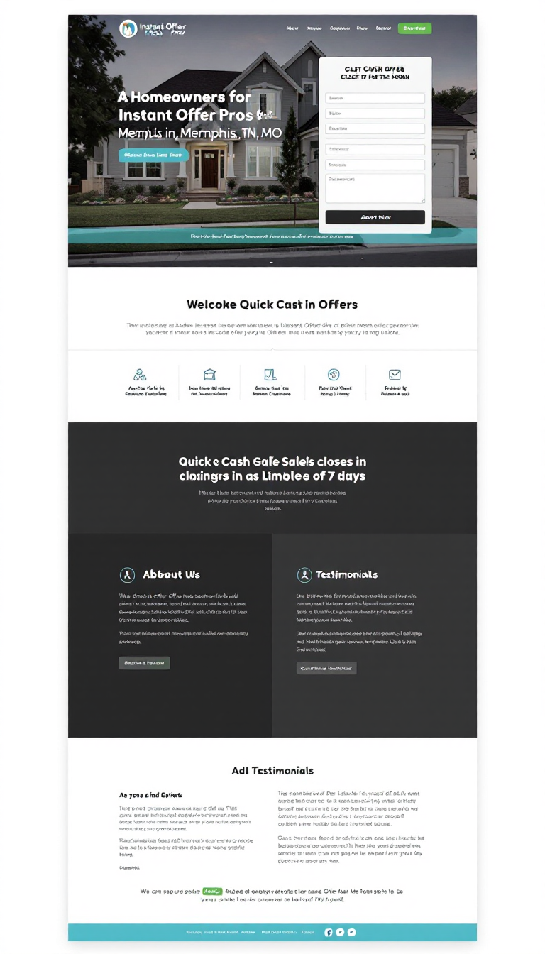 Create a one-page website for Instant Offer Pros targeting homeowners in Memphis, TN, and Springfield, MO. Include a prominent cash offer request form, highlight quick cash sales closing in as little as 7 days, and add sections for 'About Us' and 'Testimonials,' all designed in a clean and modern style with placeholders for branding elements.