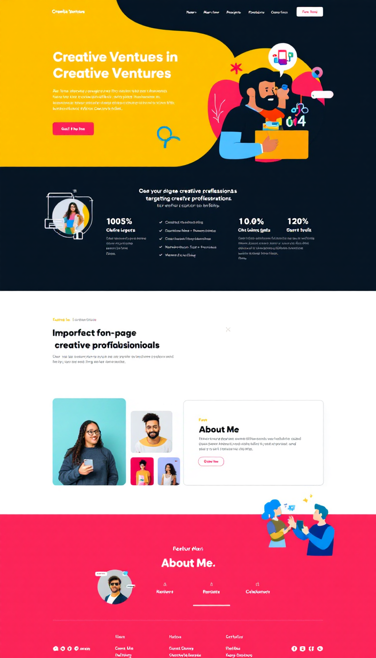 Design a vibrant one-page portfolio website titled 'Creative Ventures.' Targeting creative professionals, it should feature an 'About Me' section that showcases skills and collaborations, with an engaging layout including a header and footer to emphasize creativity.