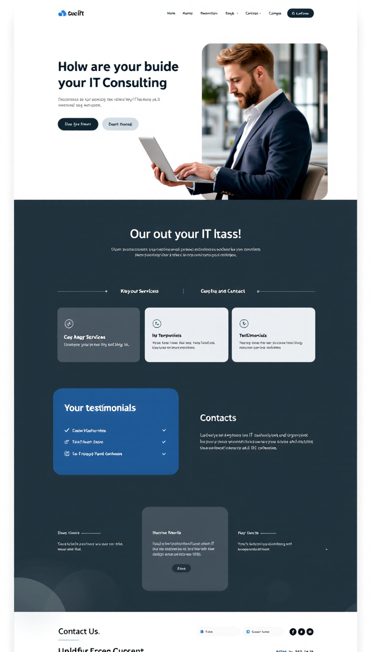 Design a simple, one-page website for an IT consulting business featuring sections for services, testimonials, and contact information. Use a clean layout with a modern color scheme and professional visuals.