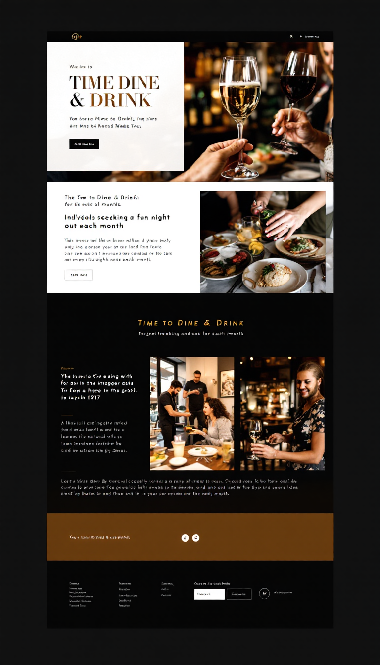 Design a modern one-page website for 'Time to Dine & Drink', showcasing the event name, date, time, and location in an elegant layout. The target audience is individuals seeking a fun night out each month.