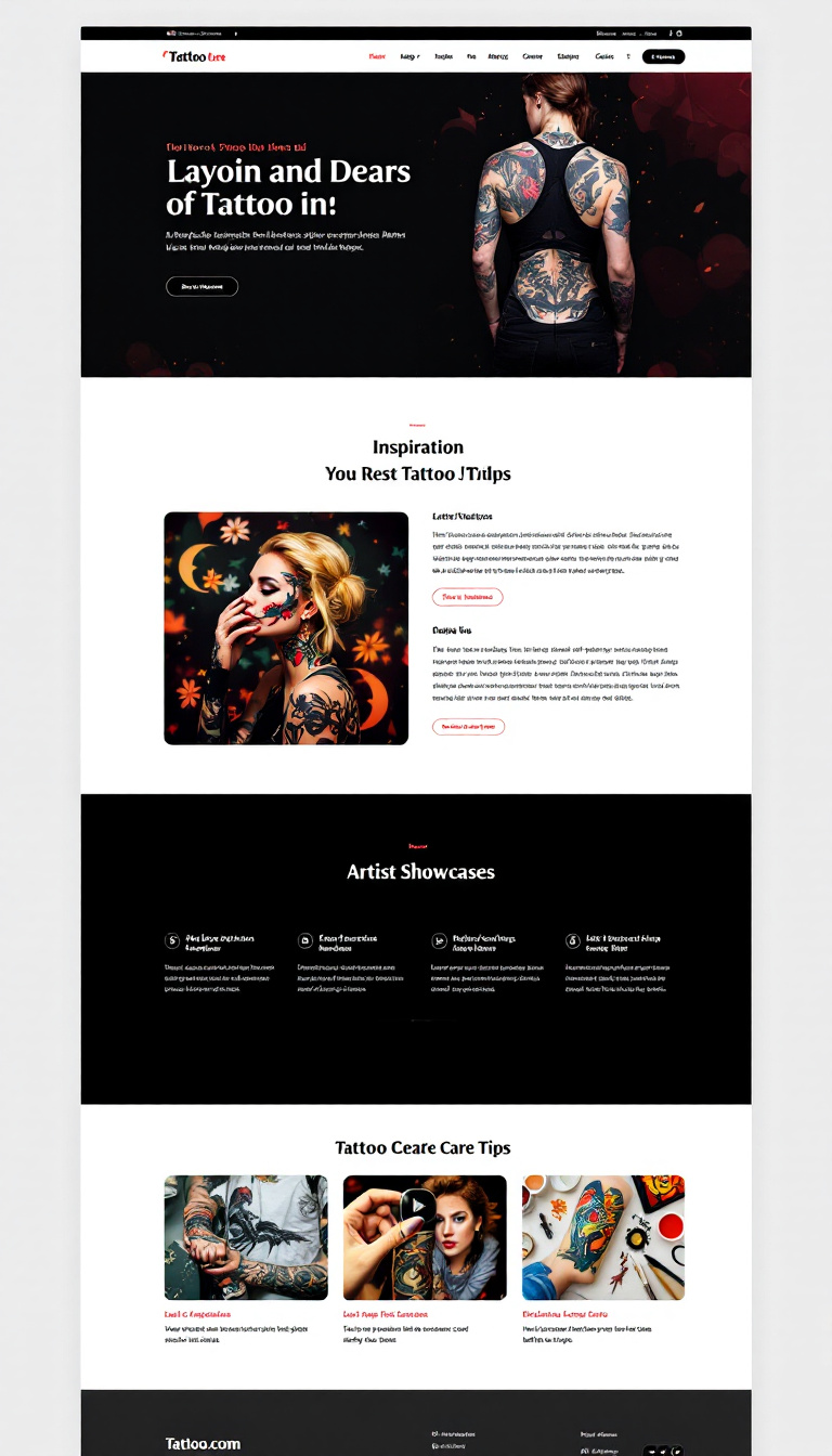 Design a simple, clean one-page website theme for a WordPress site focused on tattoo ideas. Include vibrant visuals, easy navigation, and sections for inspiration, artist showcases, and tattoo care tips.