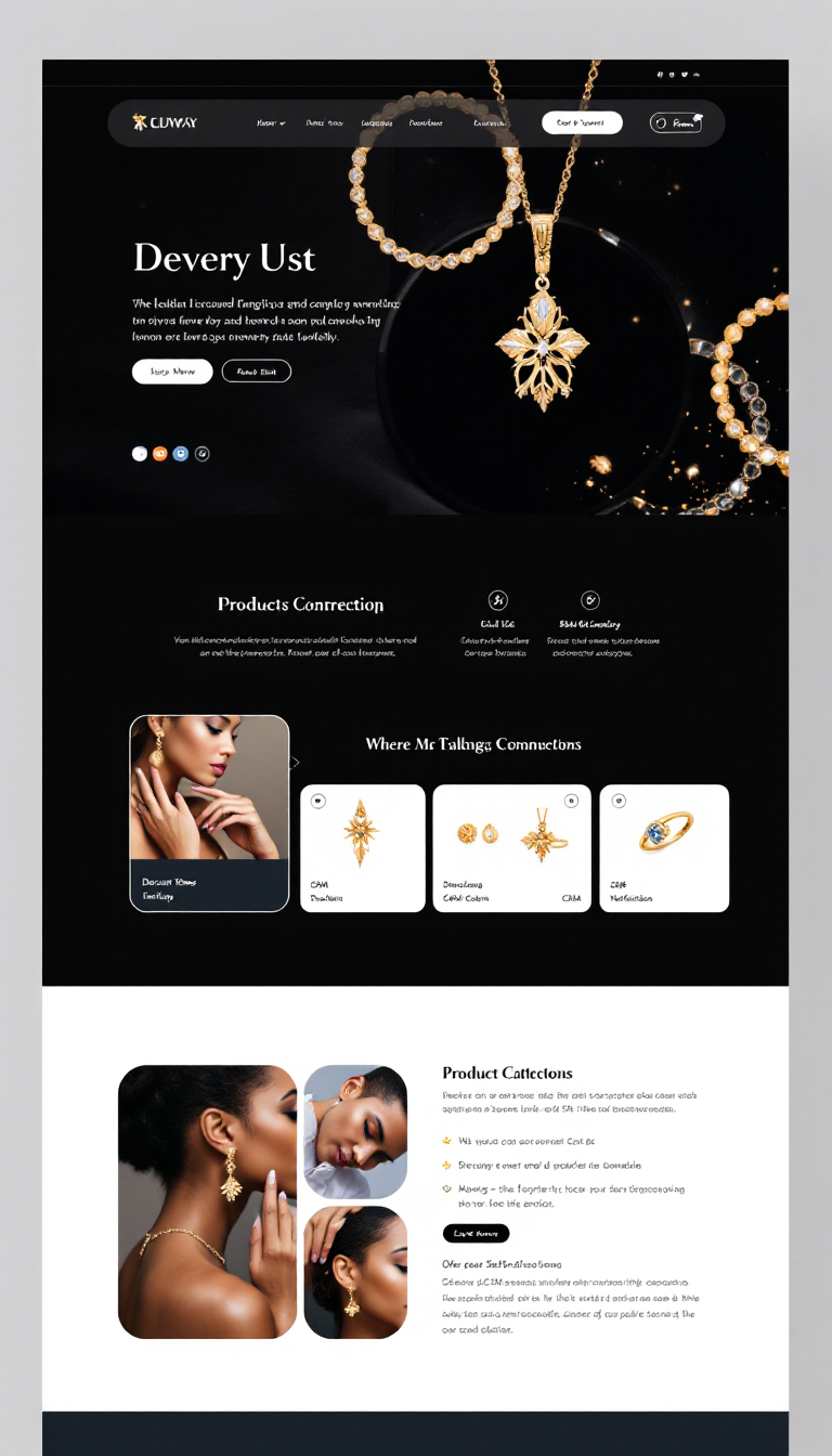 A sleek one-page online jewelry shop featuring a product catalog, detailed product listings, shopping cart, and online payment options. It includes discount tokens, CRM integration, SMS notifications, and an online chat feature for customer support.