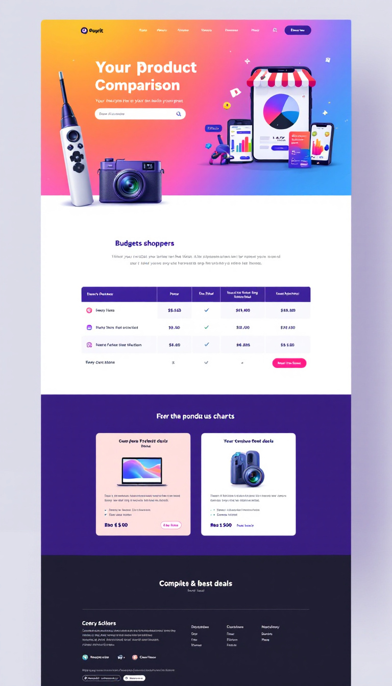Create a one-page product comparison website for budget-conscious shoppers. It should feature modern design, vibrant colors, and user-friendly navigation with comparison charts highlighting the best deals.