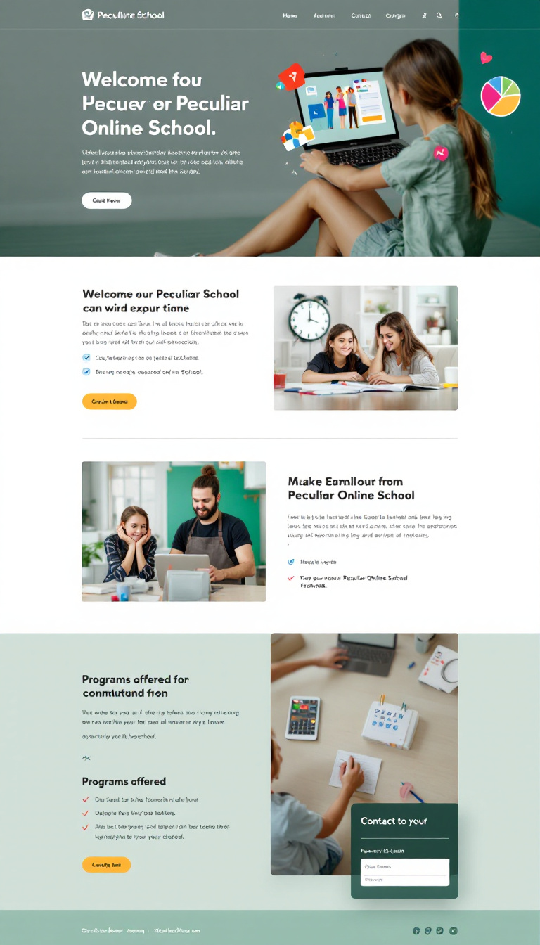 Create a simple one-page website for "Peculiar Online School," featuring a welcoming layout with sections for the school's mission, programs offered, and contact information. Include a clean design with engaging visuals that reflect an online learning environment.
