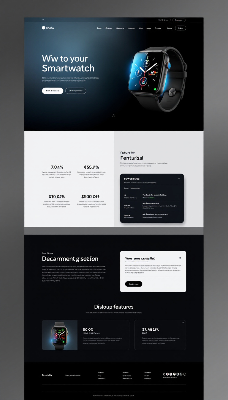 Create a sleek one-page landing website to promote and sell a smartwatch, featuring an eye-catching design, product highlights, and a clear call to action for purchases. Include sections for features, user testimonials, and pricing information.