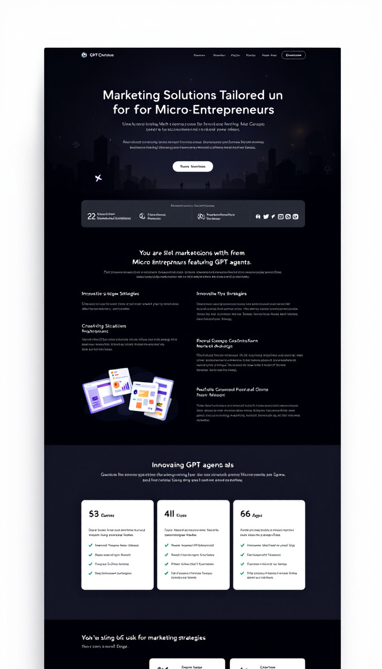Create a sleek one-page website design focused on marketing solutions tailored for micro-entrepreneurs, featuring GPT agents. Highlight innovative strategies, user-friendly navigation, and an engaging layout.
