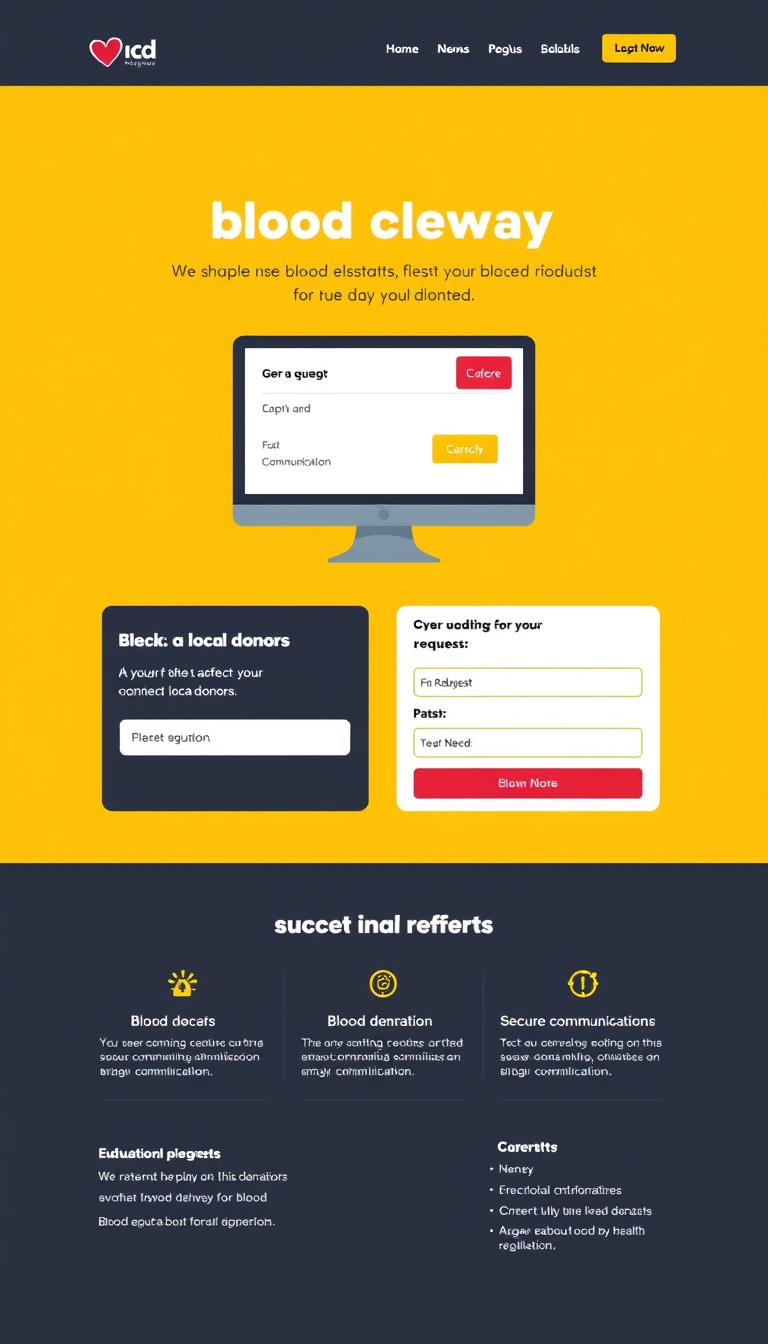 Create a simple one-page website to connect blood donors and recipients. The site should feature user registration, advanced search for local donors, a request system for blood needs, secure communication tools, educational resources about blood donation, and compliance with health regulations.