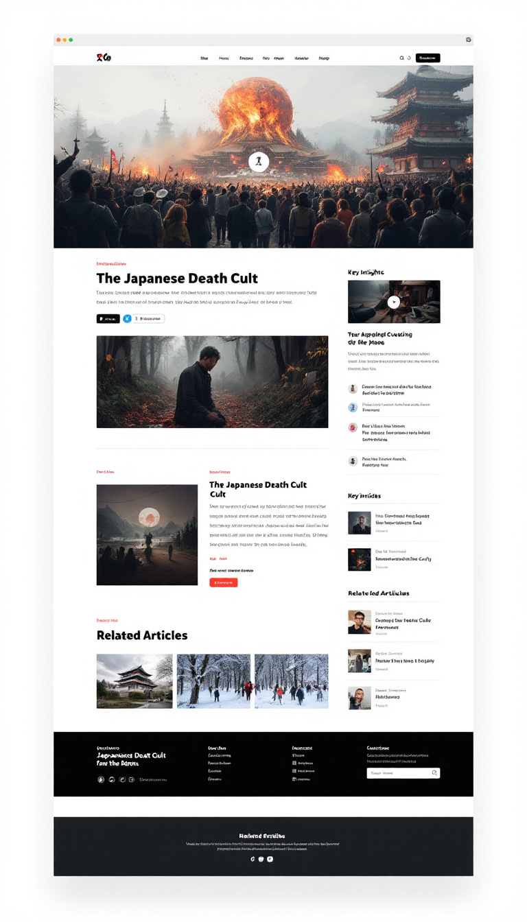 Design a simple and clean one-page blog website titled "The Japanese Death Cult," featuring an engaging layout with sections for an introduction, key insights, and related articles. Use a modern aesthetic with a focus on readability and user experience.