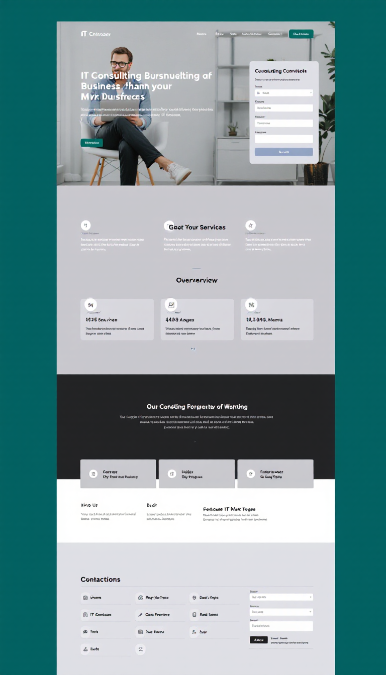 Design a simple and clean one-page website for an IT consulting business, featuring the company's services, a brief overview, and contact information. Include a modern layout with a professional color scheme.