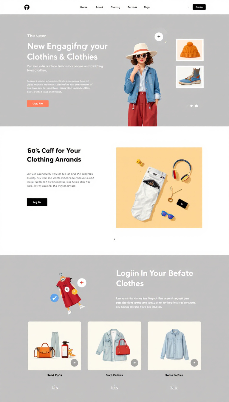 Design a simple one-page website for a clothing brand featuring engaging animations of clothing and accessories. Include a login section and highlight the brand's unique style in a clean layout.