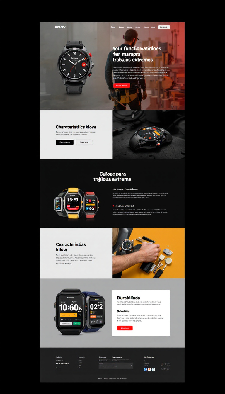 Crea un diseño moderno y atractivo para una página web de un producto llamado "Reloj Handy". Esta página debe destacar sus funcionalidades para trabajos extremos, usando una paleta de colores que incluya negro, gris, amarillo y rojo. Incluye secciones sobre características clave, durabilidad, testimonios y un botón de compra, asegurando que sea fácil de navegar y visualmente impactante.