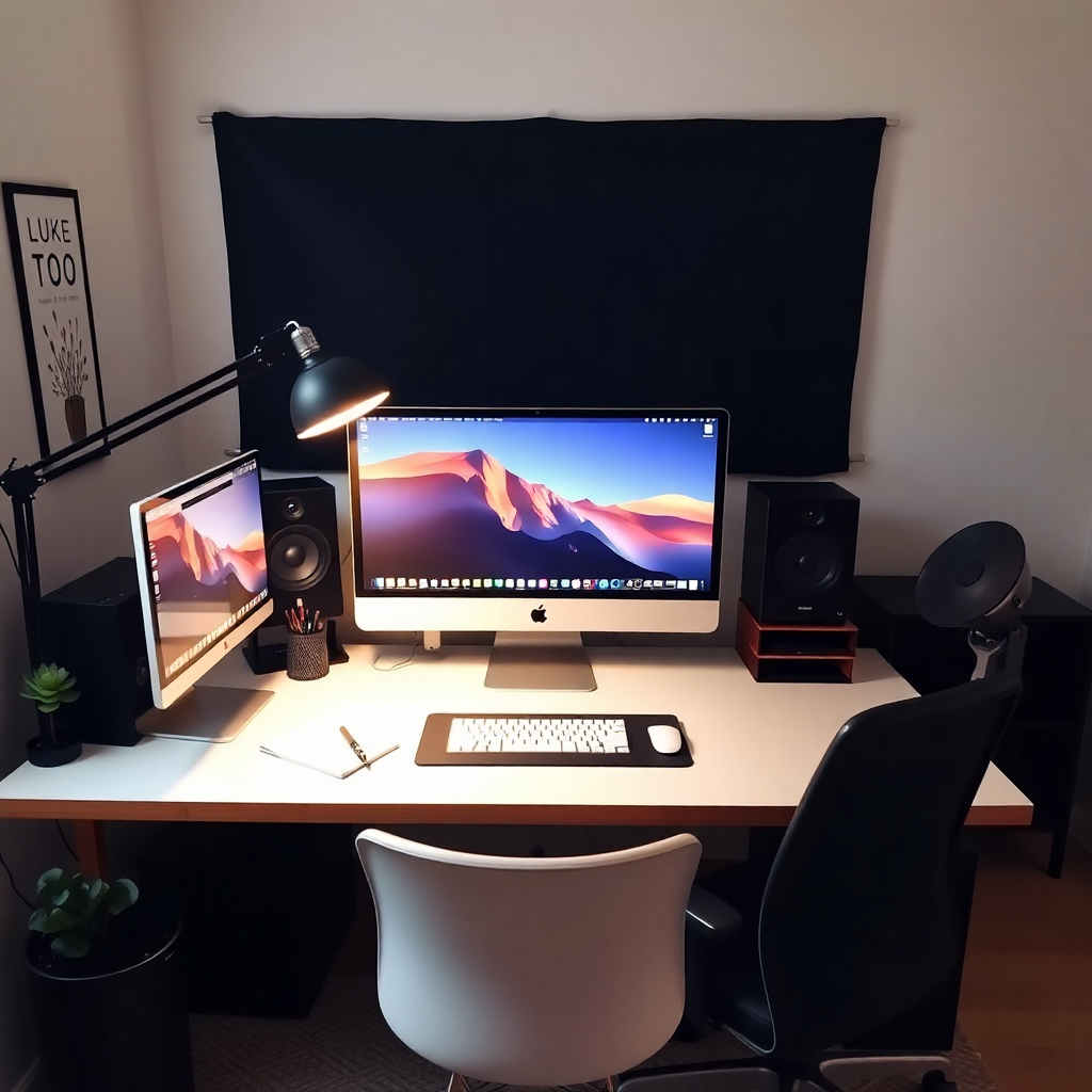 workspace setup showcasing luke too's modern and efficient work environment