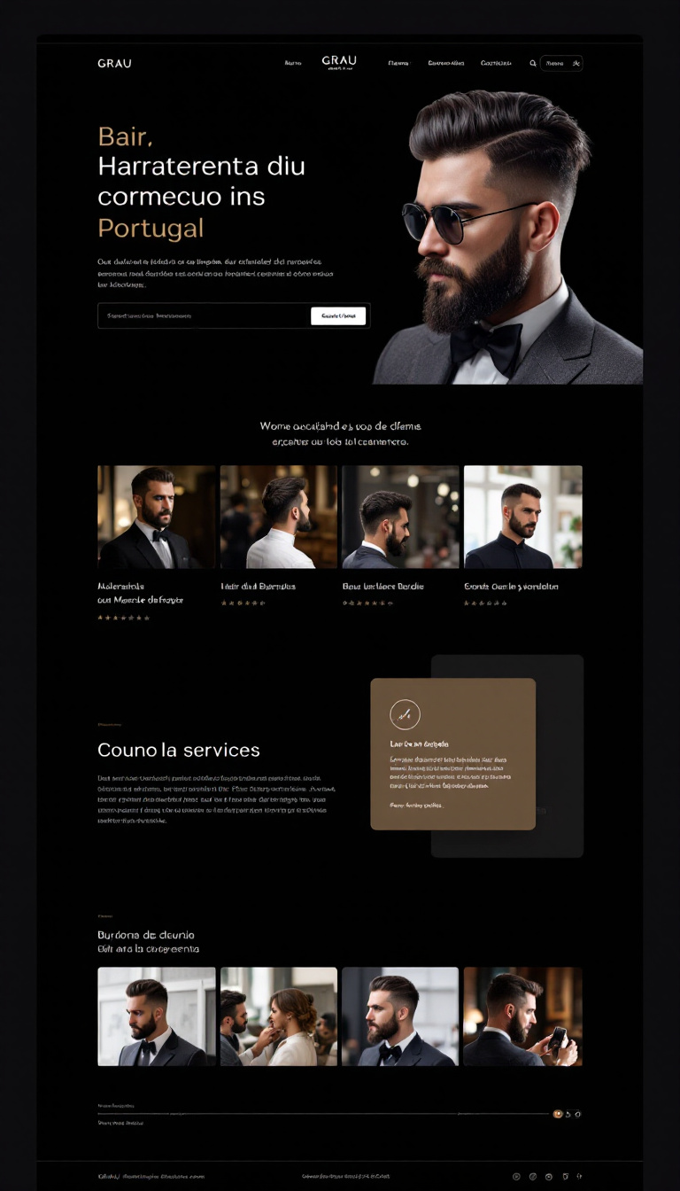 Design a modern, one-page website for GRAU Barberclub, a sophisticated barbershop in Portugal. Include a sleek layout with a photo gallery of hairstyles, essential information on services offered, and contact details, all tailored for a Portuguese audience.