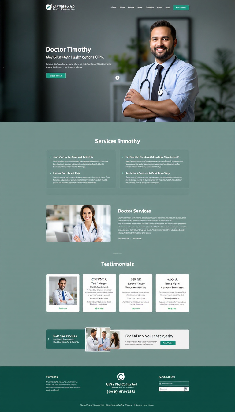 Design a one-page portfolio website for Doctor Timothy, a clinician at Gifted Hand Health Options Clinic, showcasing his services and expertise in a clean and professional layout. Include sections for services, testimonials, and contact information.