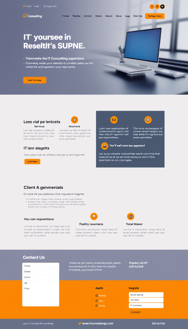Design a simple one-page website for an IT consulting business, showcasing services, client testimonials, and contact information in a clean, modern layout. Emphasize professionalism and user-friendly navigation.