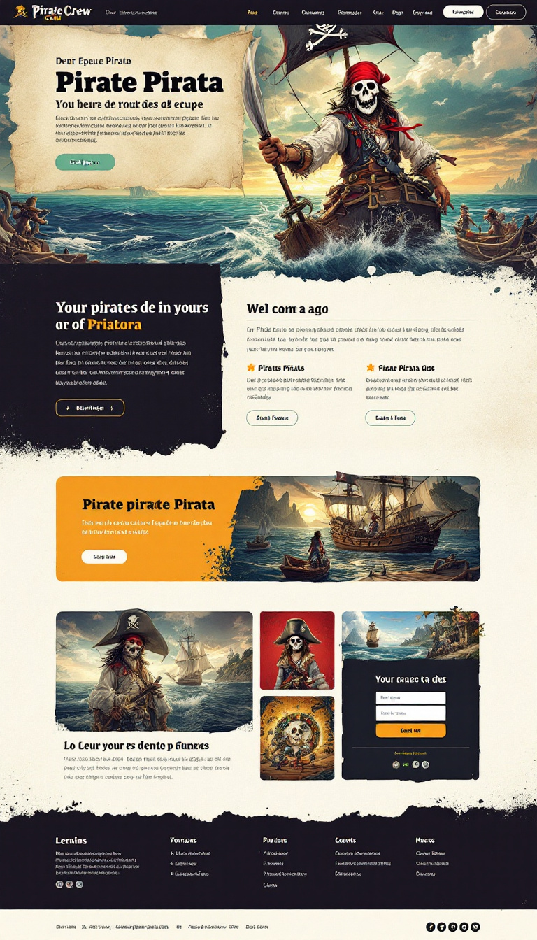 Crie um website de marketing digital com temática pirata, incorporando elementos como barcos, bandeiras e o mar. O design deve refletir de forma divertida a Pirate Crew, retratando a equipe pirata com um toque moderno e tecnológico.